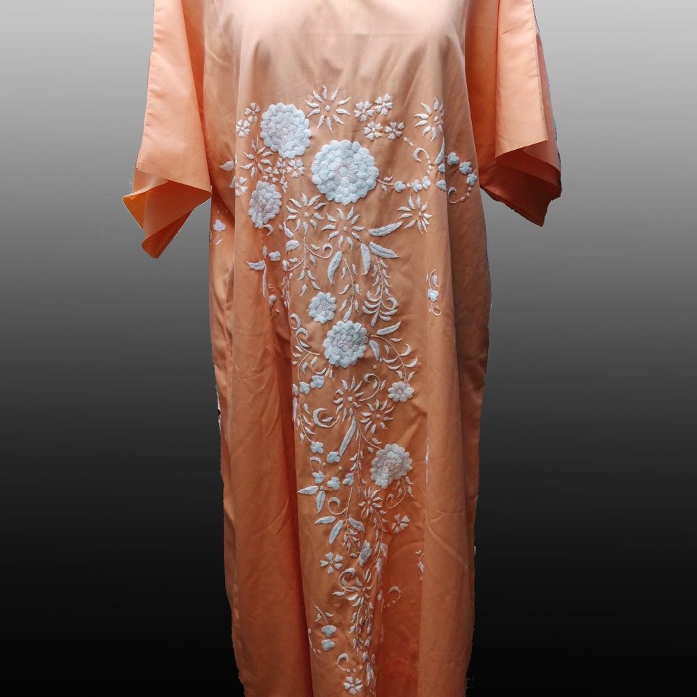 Vintage Mexican Mumu Hand Embroidered Oversized Dress Pale Peach/Coral & White